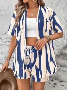 Women's Colorblock Asymmetrical Print Fitted Cardigan & Shorts Set, Fashionable Summer, Buttonless Design, Comfortable Casual Wear