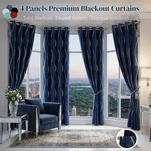 4 Panel Blackout Curtains, Gold Foil Wave Stripe Print, Room Darkening, Natural Drape, window drapes，Fits All Rod Types, Modern Minimalist Room Decor