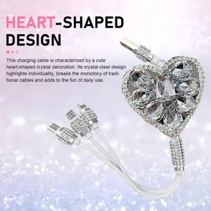 Sparkling Diamond Rhinestone 3-In-1 Heart Car Charging Cord, Expandable High Speed Charger Line, All Compatible With IPhone Android Type-C Mobile Phones, Elegant Female Car Decor Present Cables White