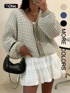 Women's V-Neck Long-Sleeve Sweater Cardigan, Thick Knit Loose-Fit Colorblock Design, Casual Fashion Outerwear for Fall and Winter