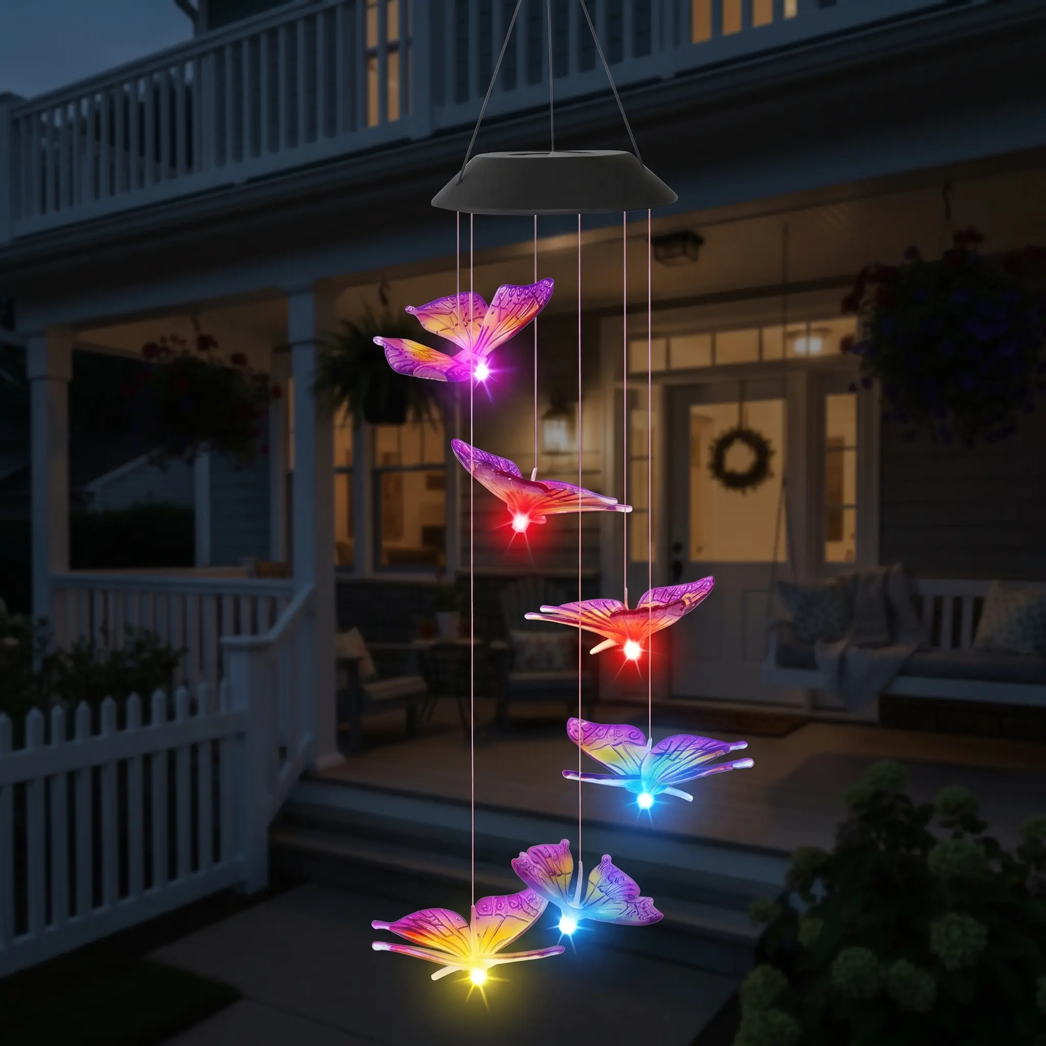 Warm summer gift: Purple & Yellow Butterfly Solar Color-Changing Wind Chimes. Perfect gift for moms and grandmas. Waterproof for porches, yards and gardens. Sweet chimes plus shifting lights brighten your summer.