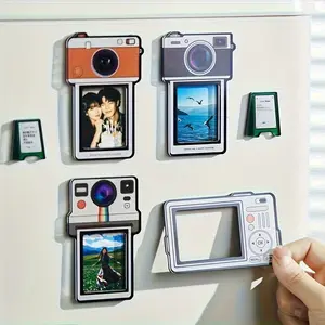 4 Piece Set 2D Flat Retro Camera Refrigerator Magnet, Cute Decorative Photo Frame, Easy Photo Replacement, Residue-Free Adhesion, Suitable for Refrigerators, Whiteboards, Filing Cabinets, and Other Metal Surfaces—Capture Beautiful Memories
