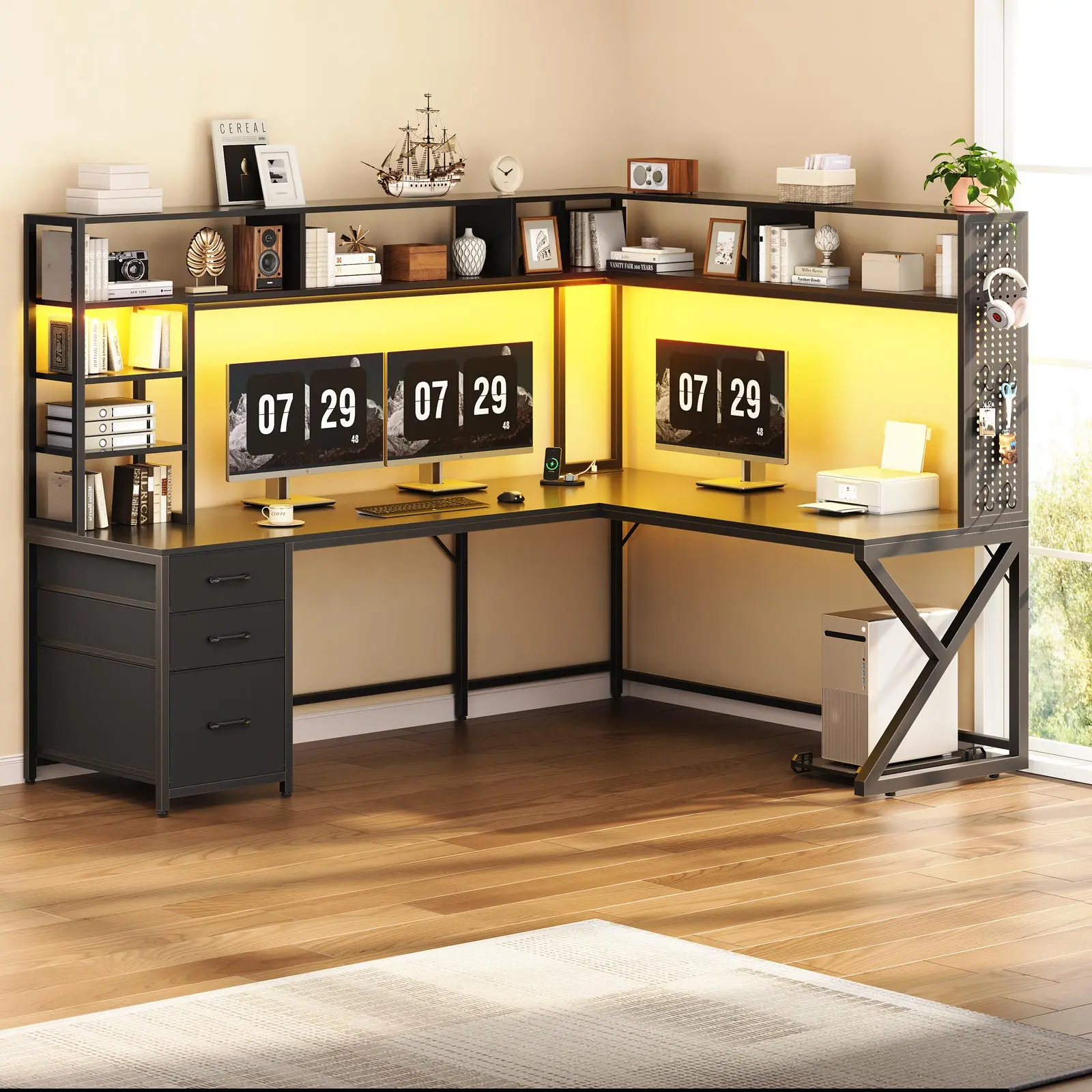 Sedeta Modern L-Shaped Gaming Desk - 94.5" Convertible Corner Unit with Storage Shelves, Hutch, Drawers, Power Outlet, LED Lights, Pegboard for Home Office, Man Cave | Furniture, Gaming Desks, Man Cave Furniture