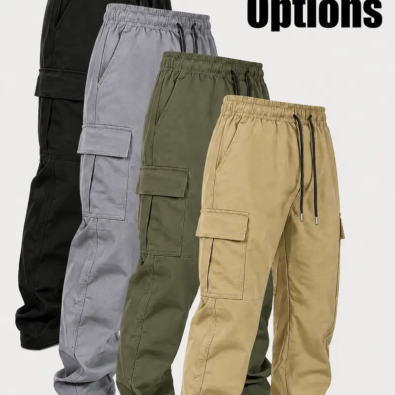 3-pack men’s cargo pants, solid-color work trousers, durable outdoor training pants, available in multiple colors—ideal for outdoor activities, work, hiking, and camping