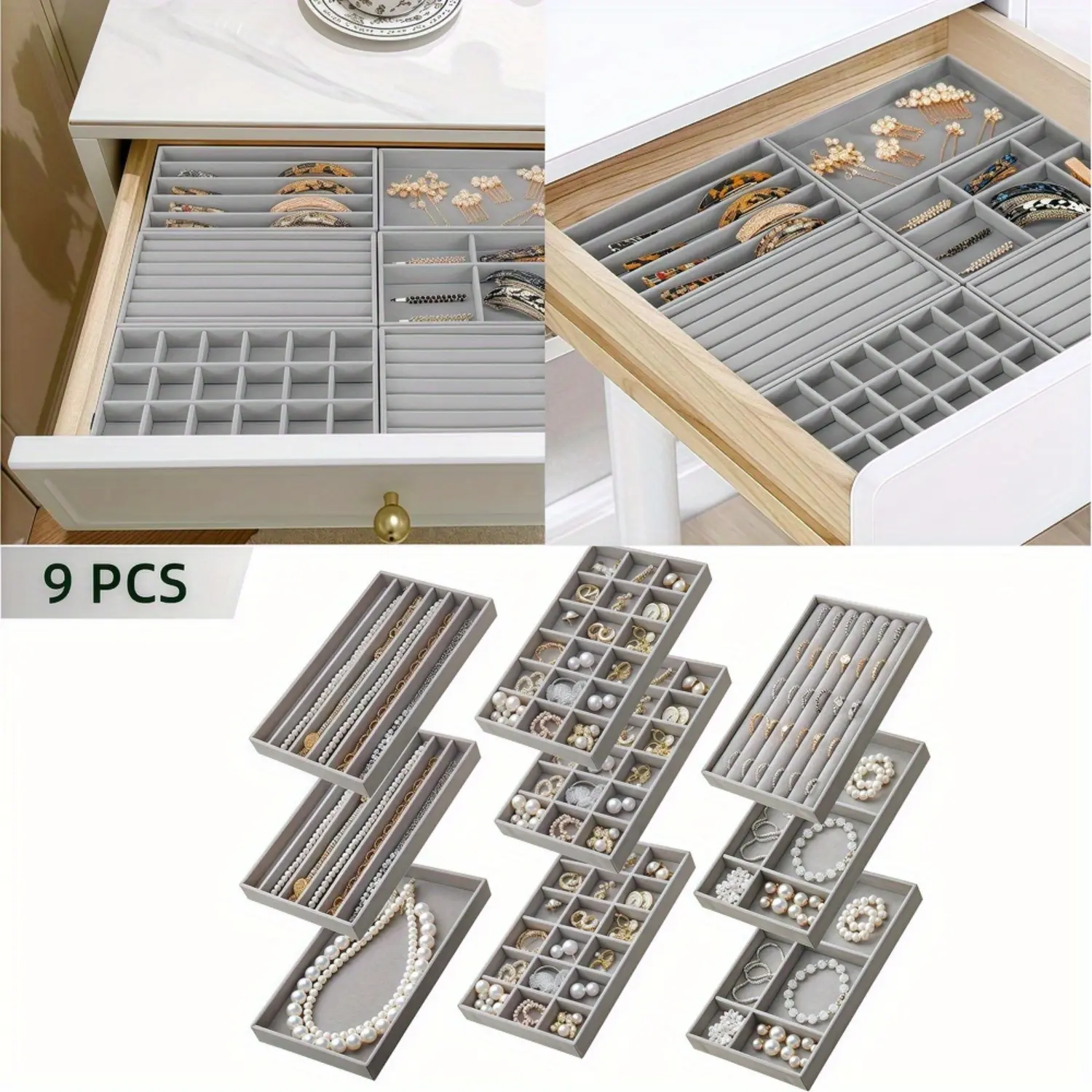 9-Piece Soft Velvet Jewelry Drawer Organizer Inserts with Removable Adjustable Dividers, Jewelry Storage Set with 6 Grids Bracelet Tray for Earrings, Rings, Necklaces, Holiday Gifts