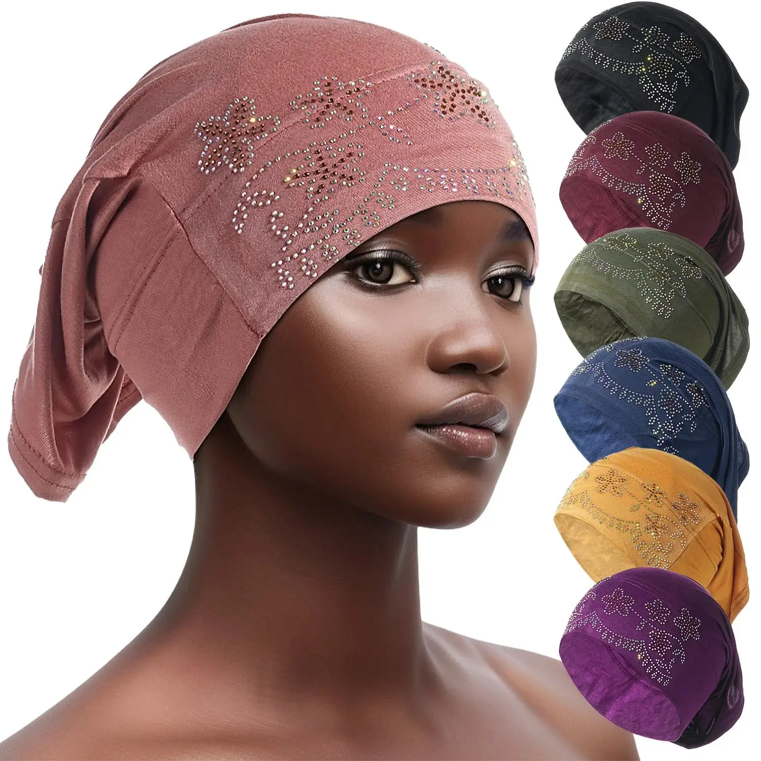 Golden Glitter Caps Muslim Elastic Tie Back Cap Women Sparkling Turban Shiny Rhinestone Inner Hijabs Soft Jersey Undercaps
