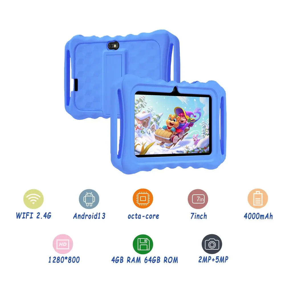 7-inch children's tablet Android 13 tablet with WIFI function 4GB RAM 64GB ROM dual camera 2MP+5MP handheld silicone protective case shockproof silicone protective case parental control software equipped with educational applications Android Tablets