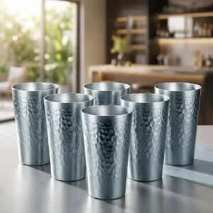 16oz Hammered Gray Aluminum Cups Set of 6,  Reusable Lightweight Cups for Park Picnic Outdoor Activities