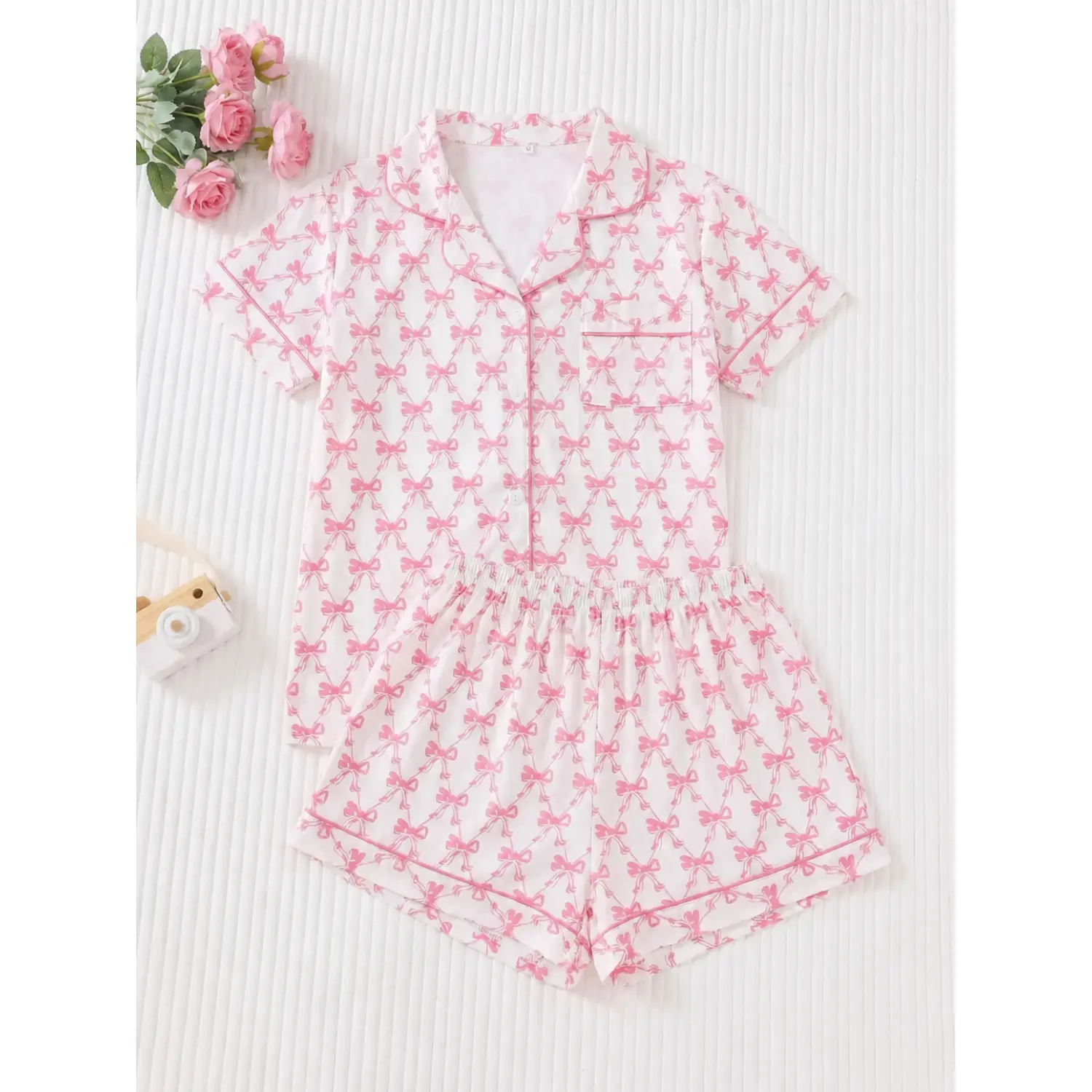 Women's Two-Piece Sleepwear Set - Bow Print, Soft Breathable Fabric, Casual Short Sleeve Top & Fitted Shorts