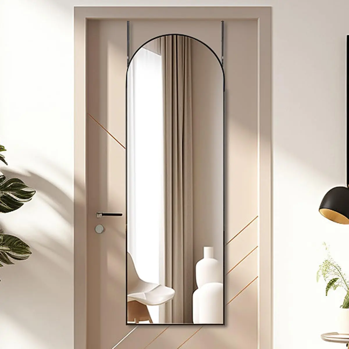 14"48" Door Mirror,Arched Full Length Mirror, Over The Door, Arch Wall Mirror, Thin Frame,  Alloy, for Bedroom, Living Room, Entryway -Black