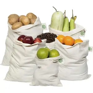 Reusable Washable Organic Cotton Produce Bags Drawstring Muslin Cloth Bags for Vegetable Bread Set of 6 (2 Large, 2 Medium, 2 Small)