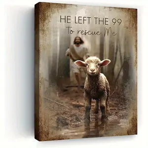 2D flat, 1pc Jesus Chasing Lost Lamb Canvas Wall Art- Framed Religious Inspirational Poster with Pine Wood Frame, Decorative paintings are wall decorations used in living rooms, bedrooms, and hallways.