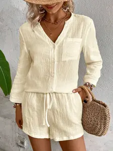 Two piece women's casual rice white texture cotton linen set long sleeve shirt+drawstring shorts two-piece vacation casual loose suit, suitable for summer, suitable for home, indoor, outdoor wear Blouse Shorts Set Womenswear