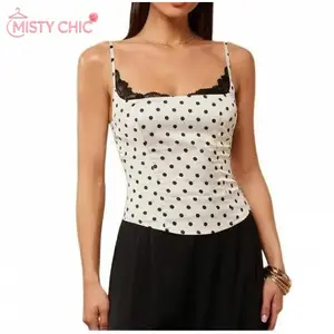 MISTY CHIC Slim Fitted Polka Dot Camisole With Lace Trim And Contrast Design, Elegant Corset Style Strap Top, Perfect For Summer Days, Casual Outings, Travel And Versatile Everyday Fashion Looks
