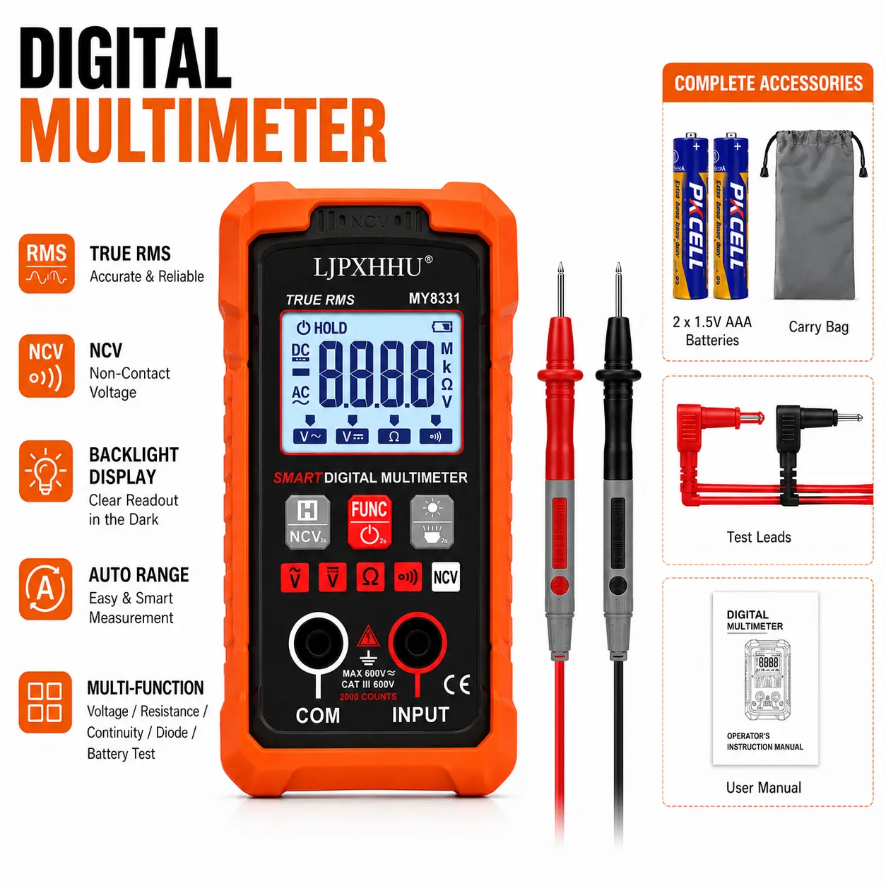 Auto-Range True RMS Digital Multimeter Kit (2000/4000 Counts Options) with NCV Voltage Tester Set, Silicone Cover, AC/DC Detection, Resistance, Continuity, Battery Voltage Detector for Automotive, Home Repair