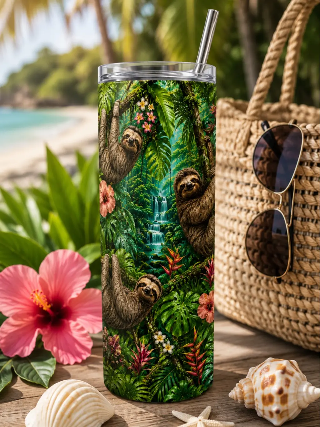 Sloth 20oz Stainless Steel Tumbler | Tropical Rainforest Travel Mug | Double Wall Vacuum Insulated Cup with Lid & Straw