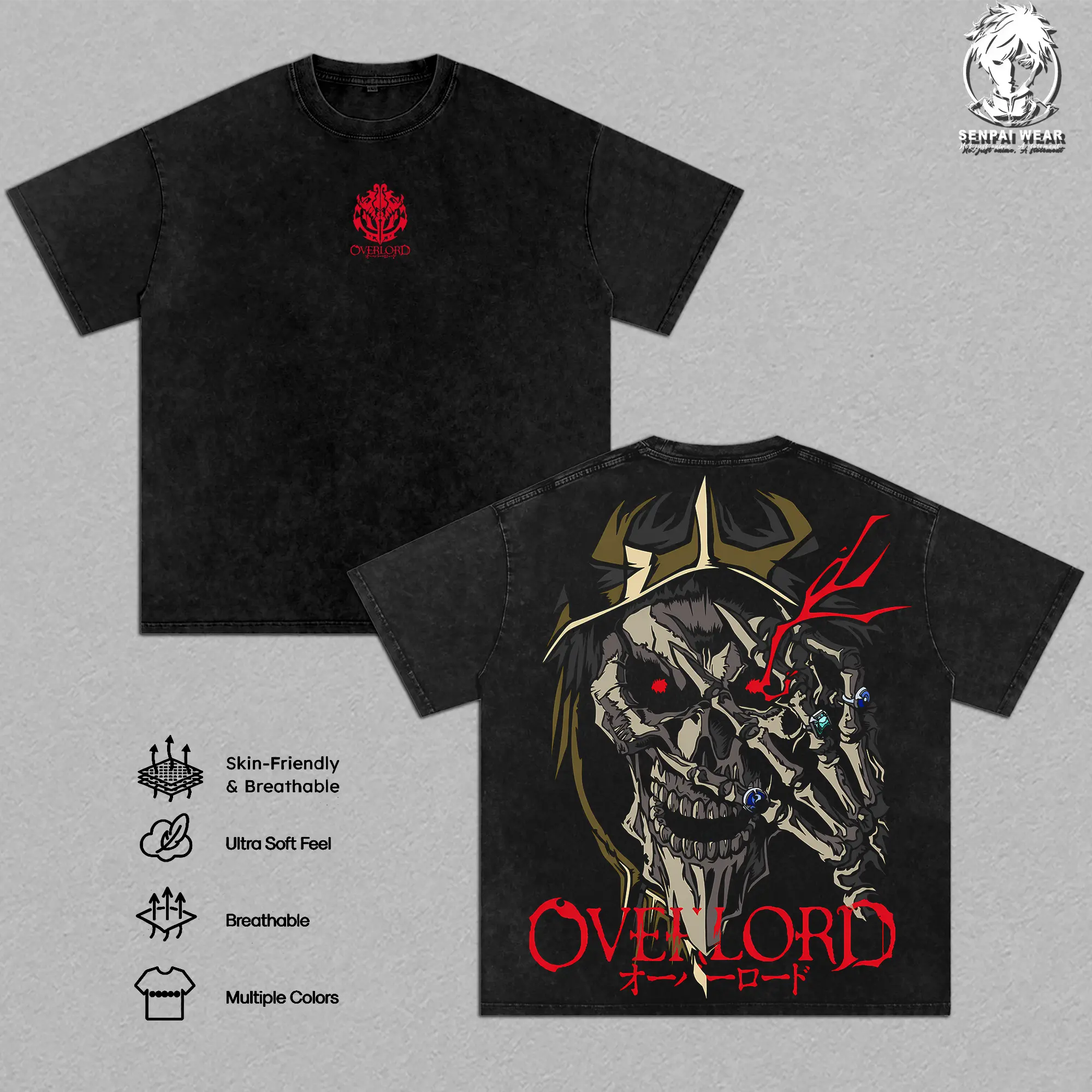 Ainz Ooal Gown T-Shirt Overlord Anime Vintage Washed Shirt Unisex Streetwear Tomb of Nazarick Tee Undead Magic Caster Graphic Tee Gift for Anime Lovers Overlord Fans