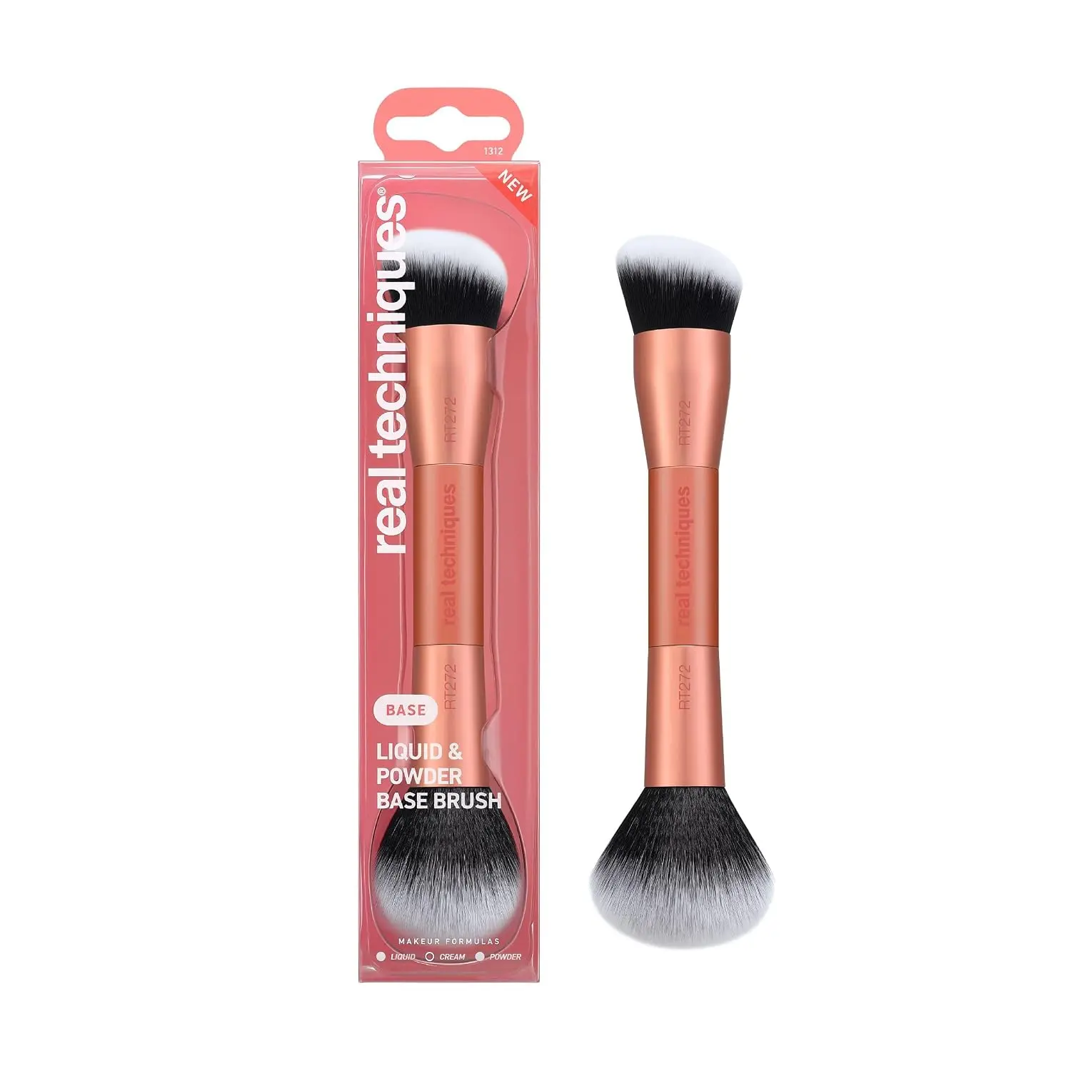 Real Techniques Liquid & Powder Base Brush, Foundation Makeup Brush | Smooth base with a dual ended makeup brush, foundation brush, synthetic bristles and vegan makeup