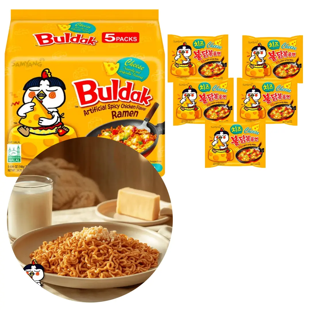 SAMYANG Korean Buldak Noodles Stir-Fried Ramen Buldak Cheese Instant Noodles- Hot Chicken Cheese Flavor, 5 Packs* 4.93oz SAMYANG Korean Buldak Noodles Stir-Fried Ramen Buldak Cheese Instant Noodles- Hot Chicken Cheese Flavor, 5 Packs* 4.93oz