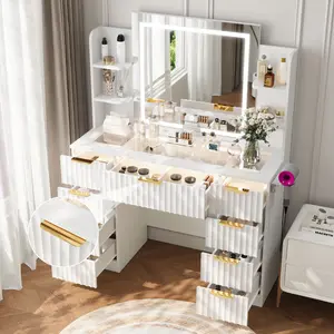 VOWNER Vanity With 9 Drawers & 6 Open Shelves, With LED Mirror And Power Outlets
