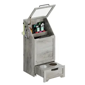 Flip Top Dog Food Storage Cabinet,with 2 Removable Stainless Steel Bowls,3 Hooks, Hidden Design,Large Capacity Dog Food Storage Cabinet,Pet Toy Storage Organizer,Grey