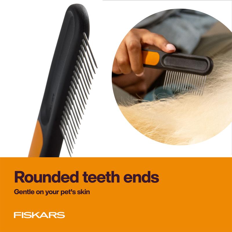 Fiskars Wide Toothed Comb for Pets - Gentle Tangle Removal with Rounded Teeth Ends & Durable Stainless Steel Materials - 7in Length - Suitable for Medium to Long Coats
