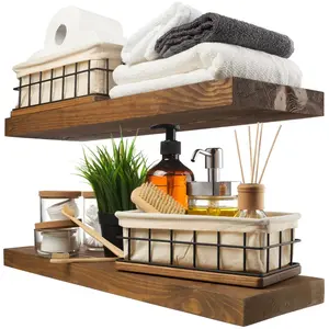 Baobab Workshop Wood Floating Shelves Set of 2 - Rustic Shelf 24 inch - Floating Shelf for Wall Mounted - Wide Wooden Wall Shelves for Living Room Bedroom Kitchen Bathroom - Walnut - 24D x 6.7W