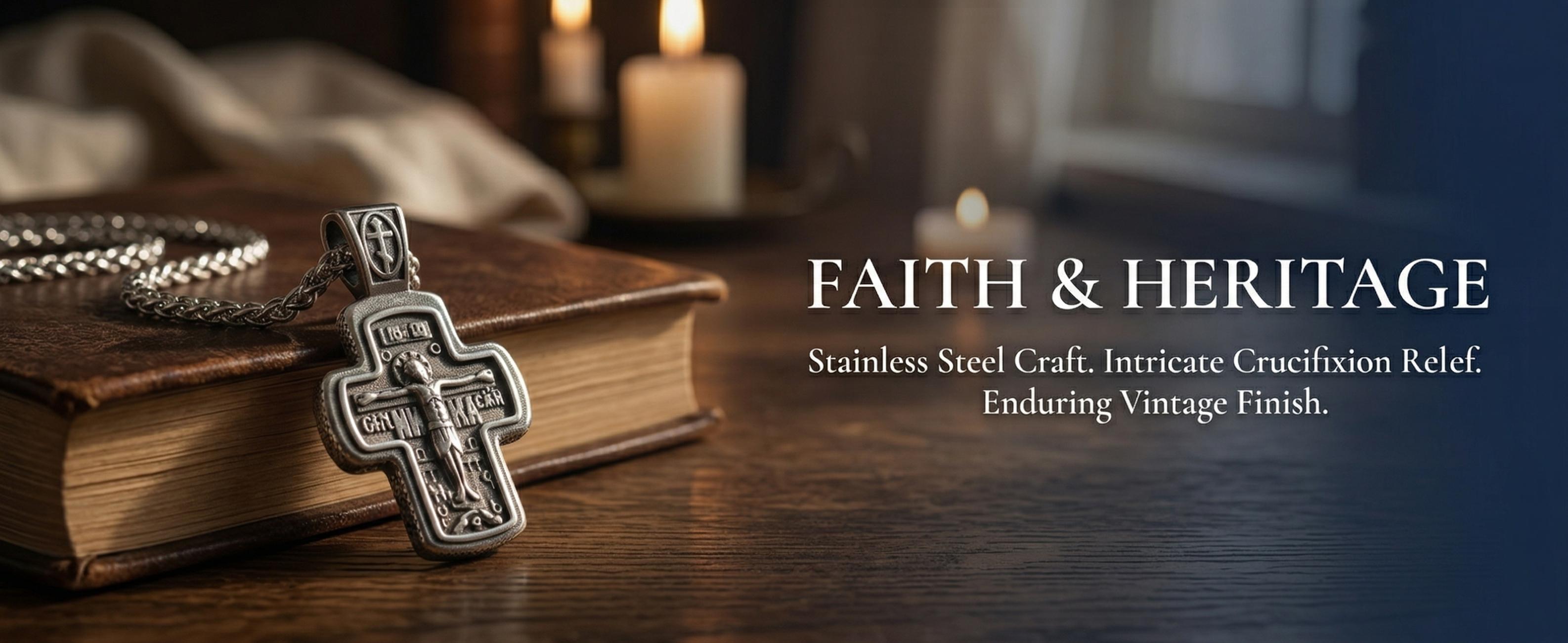 Orthodox crucifix necklace for men, stainless steel Christian cross pendant, religious men's jewelry for faith, baptism confirmation gift