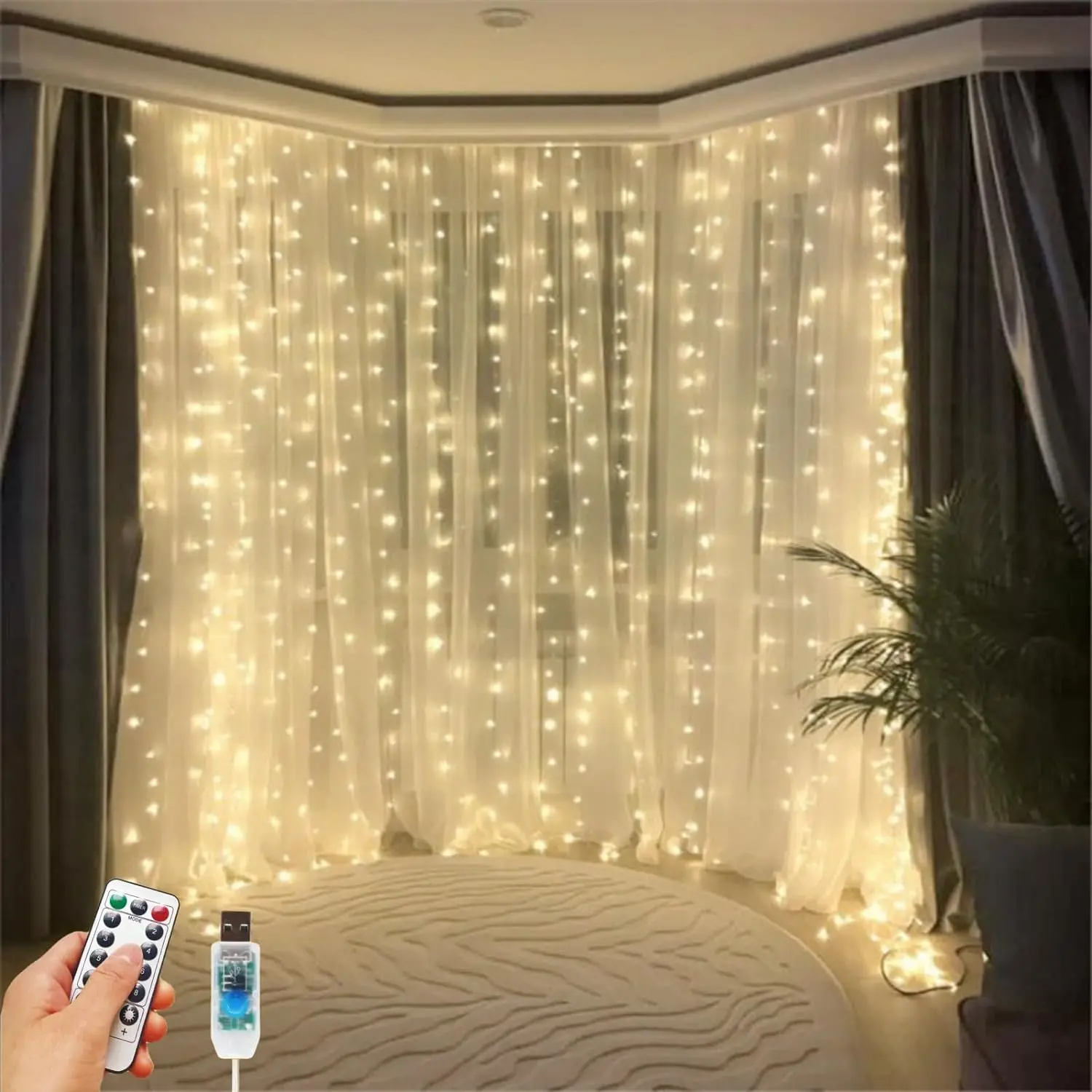 300 LED Fairy Curtain Lights, 9.8 x 9.8FT Warm White USB Plug in 8 Modes  Lights with Remote for Christmas, Bedroom, Indoor, Outdoor, Weddings, Party (Warm White)