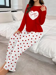 Women's Heart Letter Print Long Sleeve Pajama Set Pyjamas, Casual Cute Soft Fabric, Fitted Sleepwear for All Seasons, Loungewear
