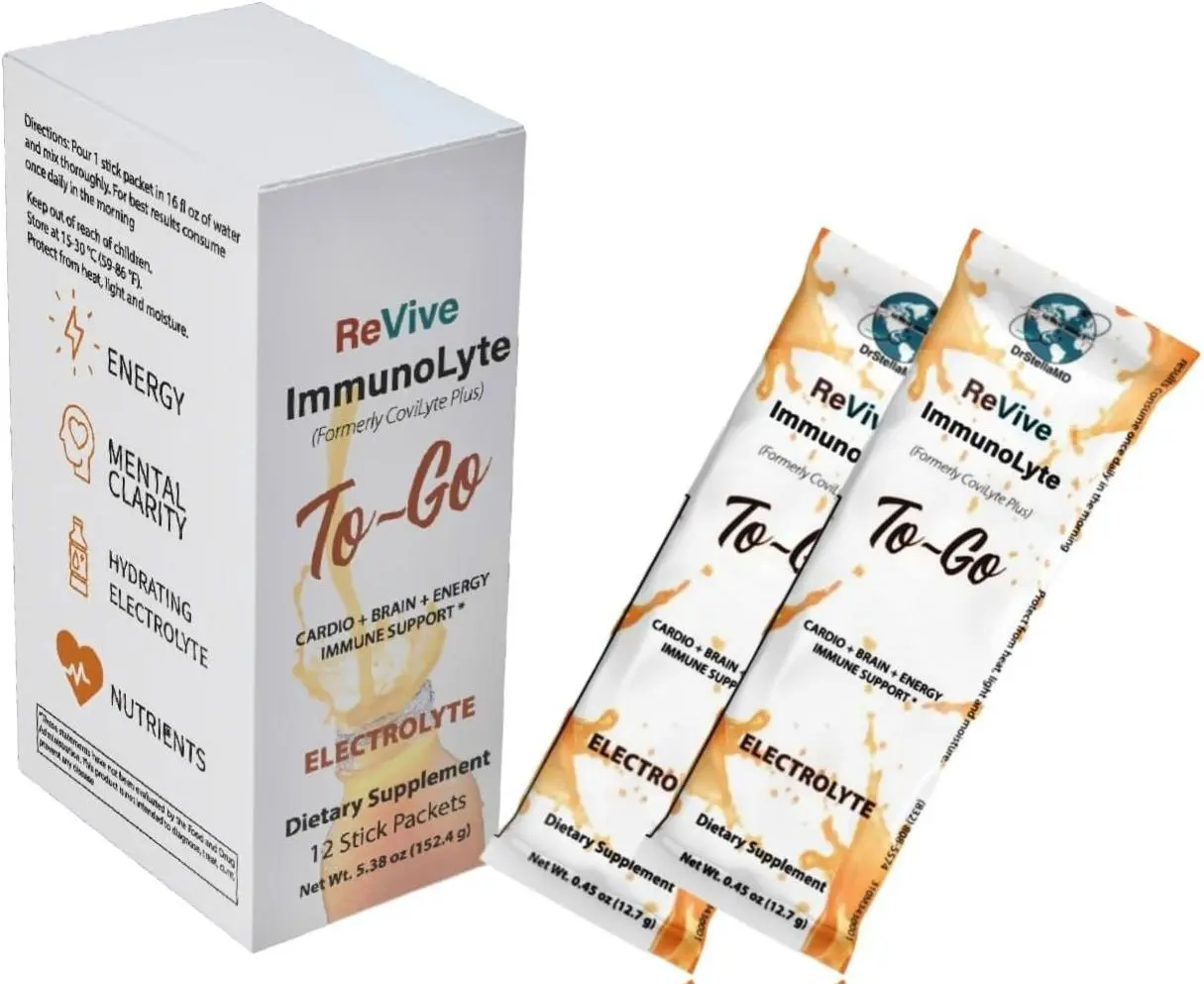 Revive Immunolyte To-Go Stick Pack - Electrolyte, Energy & Immune Support, Vitamin Supplement with Vitamin C, D, Zinc, Selenium, Coenzyme Q10, Alpha-Lipoic Acid, Lutein, Ginkgo Biloba, B Vitamins, Vitamin E, Selenium, Korean Ginseng, Black Cu