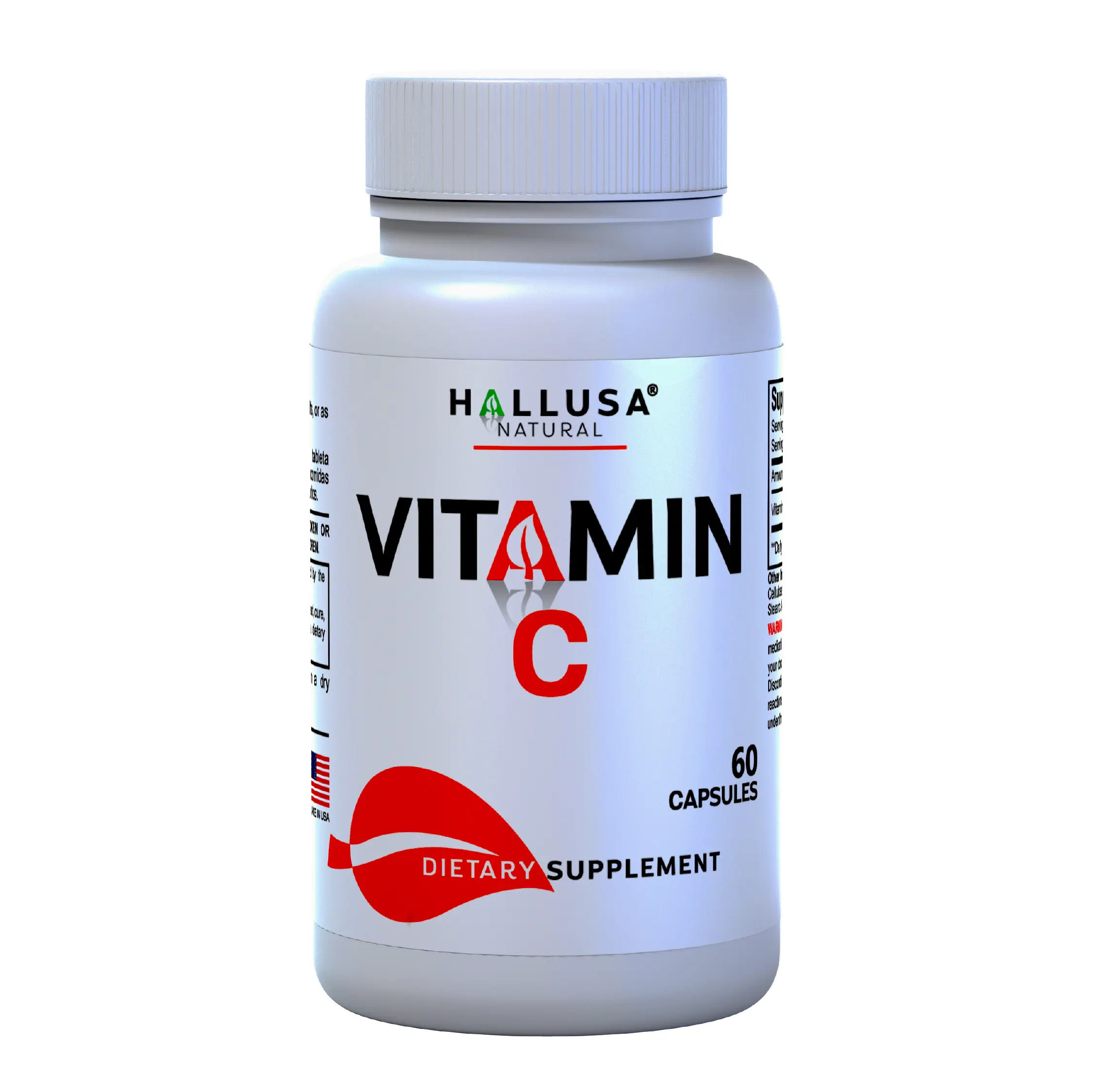 Hallusa Natural Vitamin C Dietary Supplement - 1000mg per Capsule, 60 Capsules, Pure Organic, GMO-Free, Gluten-Free, Vegan, Antioxidant Support, Immune Support for Adults