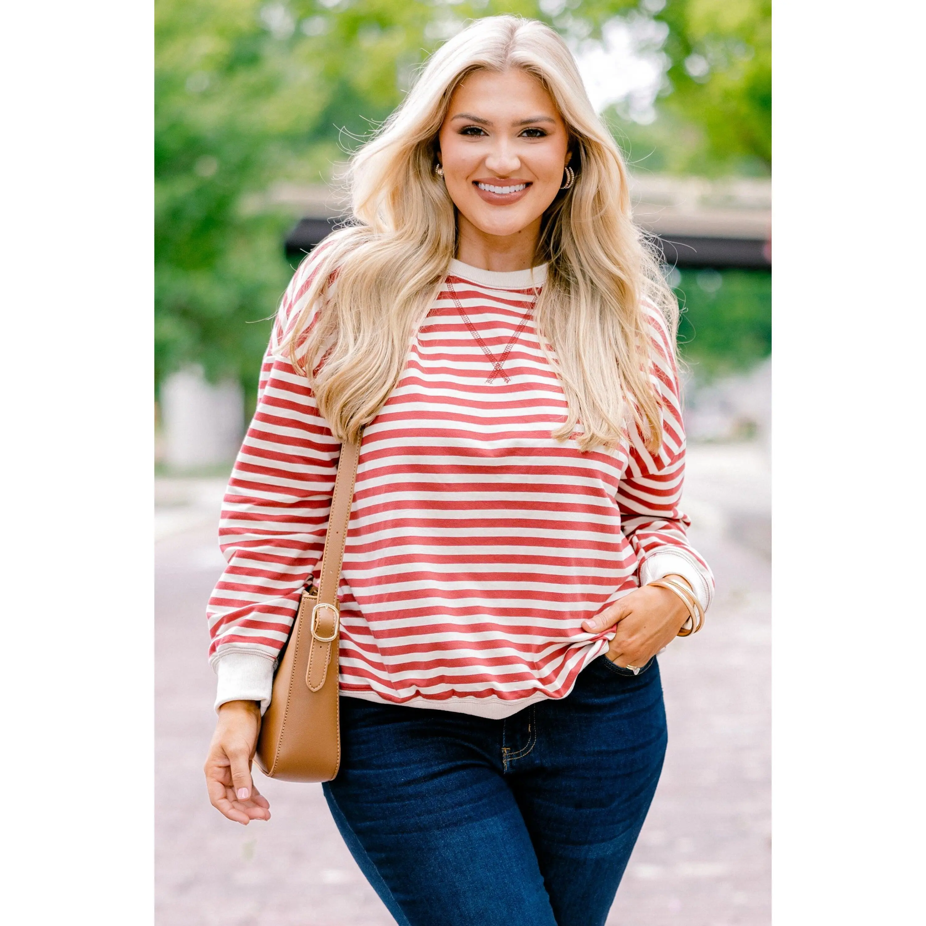 Women's Casual Loose Fit Pullover Tunic, 100% Cotton Long Sleeve Sweatshirt with a Twist Front Hem, Longsleeves, Tops, Crew Neck, Style, Lady, Stripe, Round Neck, Piece, Daily Wear, Fashion Apparel, Clothes, Long Sleeves, Layering Outfits, Comfy Casual, S
