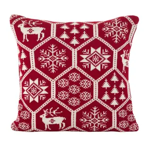 Saro Lifestyle Holiday Fair Isle Design Poly Filled Throw Pillow, Red, 18"x18"