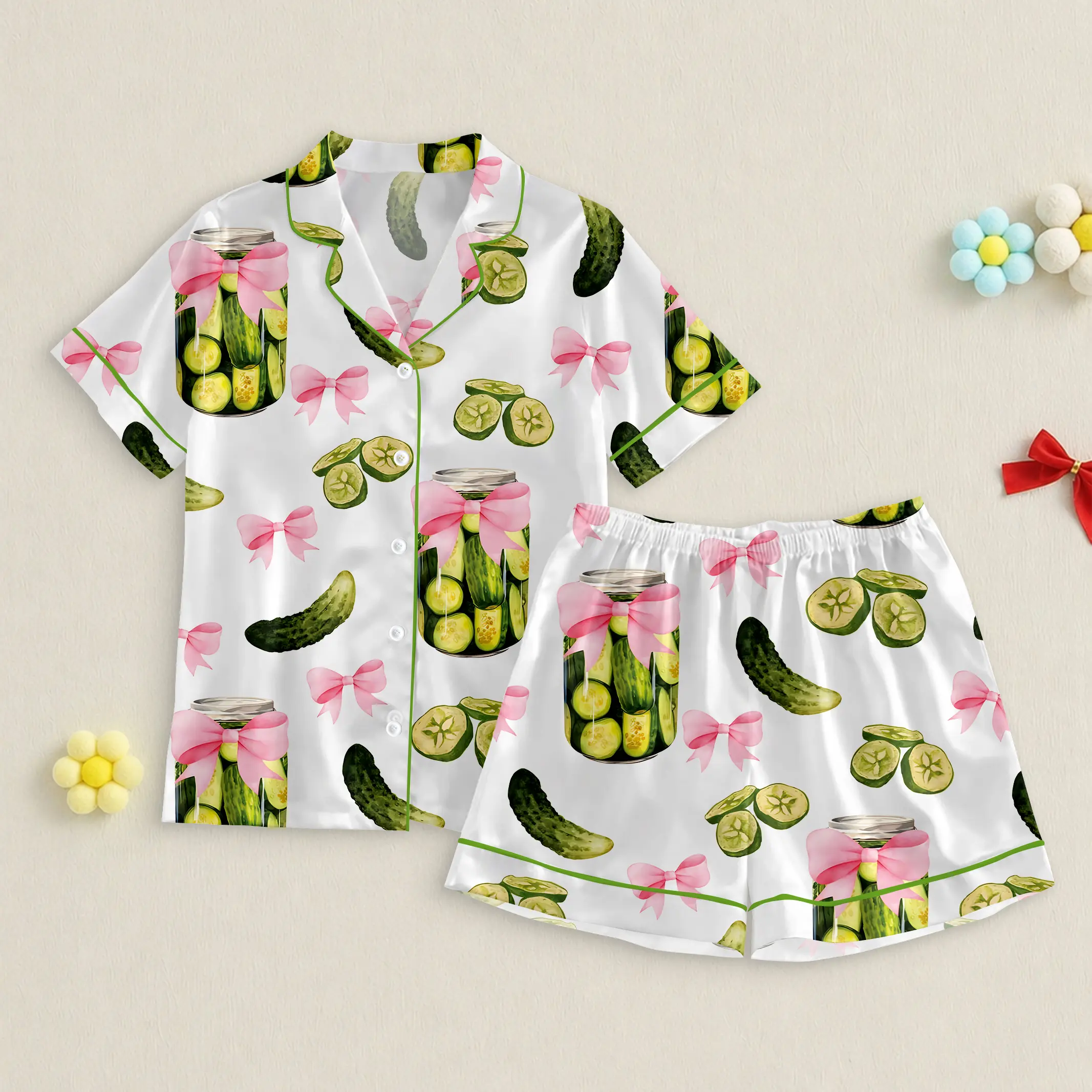 Pickle Santin Pajama Set, Women’s Pickle Lover Bows Pajama Set, Sleepwear Gift, Satin Pajama Set, Gift For Her