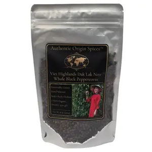 Whole Organic Peppercorns - Viet Highlands Dak Lak Noir from Authentic Origin Spices. Grown in Vietnam in Rainforest Alliance Certified farms and Packaged in the USA in high quality US made Mylar bags with strong zipper seals for freshness.
