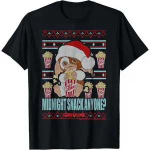 Gremlins Christmas Midnight Snack Anyone Ugly Sweater T-Shirt, 100% Cotton, Single Side Printed, Black Short Sleeve T-shirt, 1 pc, Christmas Halloween Thanksgiving Gift