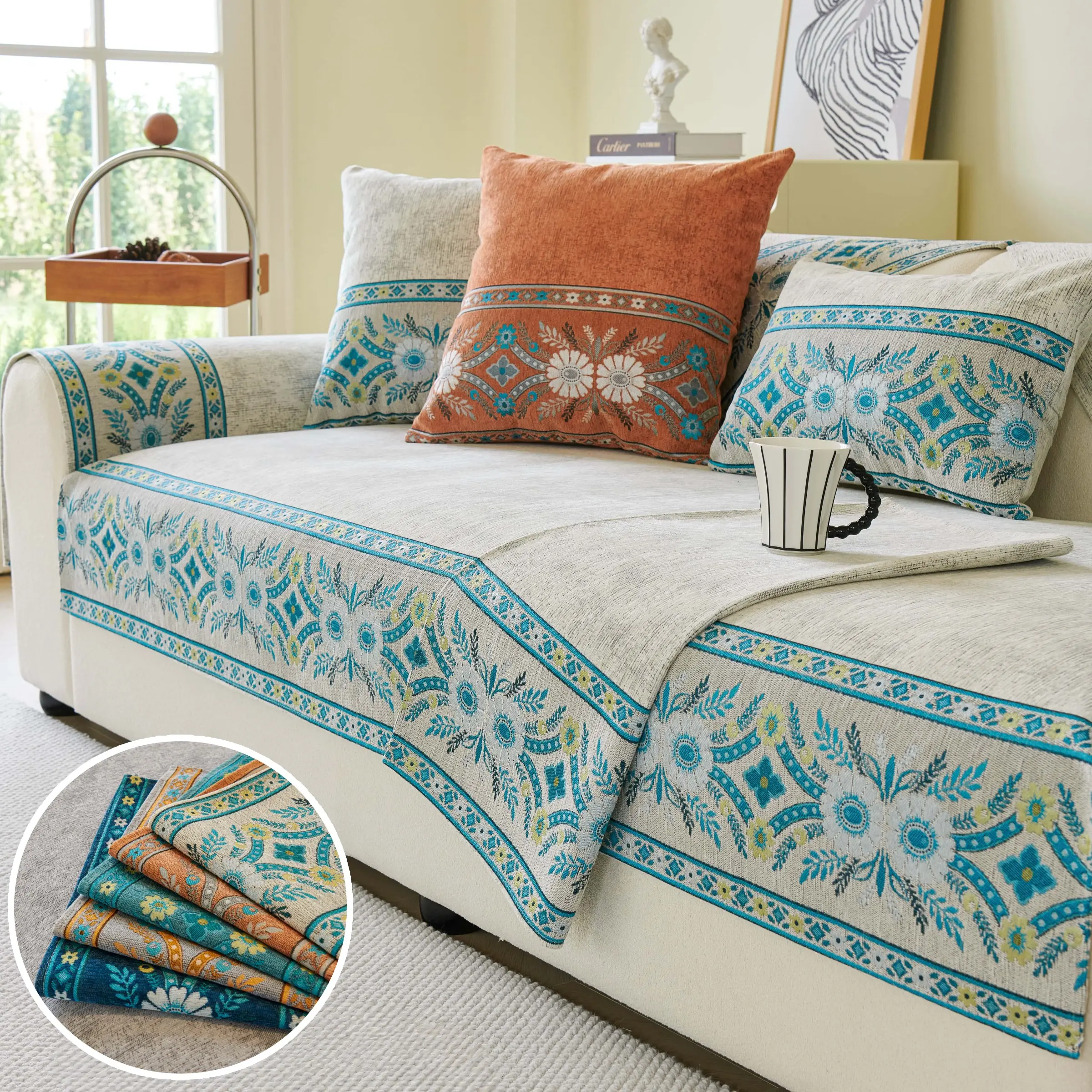 Boho Jacquard Sofa Cover, Washable Sofa Covers, Washable Sofa Slipcover, Chenille Pet-Friendly Couch Cover, Non-Slip Washable Sofa Cushion for Dogs & Cats, Anti-Scratch Furniture Protector, Fits 1/2/3 Seater, Chaise Sectional, All-Season Living Room