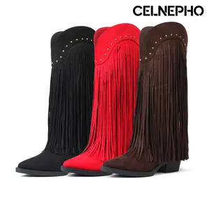 CELNEPHO Women Cowboy Boots Pointed Toe Block Heel Knee High Booties Fashion Fringe Boots Rhinestone Easy Pull on Western Boots Gift Horse Riding Party Festival Wear Cowgirl Dress Shoes