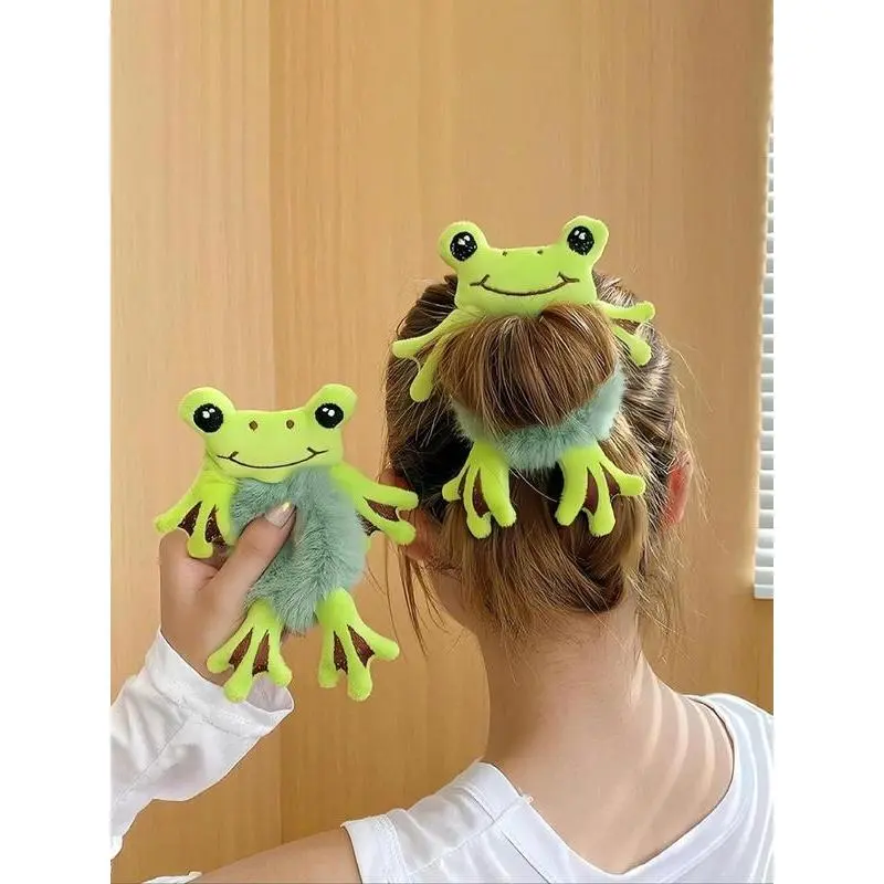 Whimsical Frog Plush Scrunchie, Soft Flannel Animal Print Elastic for Female, Gentle Non-Damaging Hold with Medium Stretch for Sports, Animals, Sporty Chic, Daily Wear, Plush Hair Ties, Frog Theme, Cute, Gentle Hold, Adults, Sufficient Stretch, Unique Fro