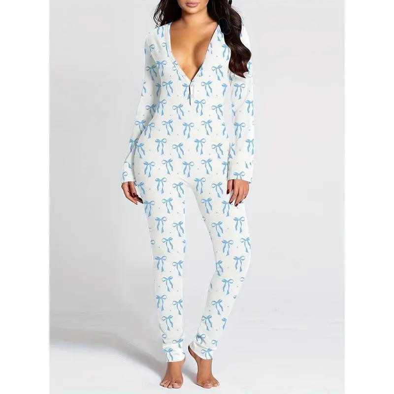 Women'S Sleeping Romper, Christmas Pajamas, Long Sleeve V-Neck Printed Loose Detachable Crotch Elastic Home Clothes Women'S Sleeping Romper, Christmas Pajamas, Long Sleeve V-Neck Printed Loose Detachable Crotch Elastic Home Clothes