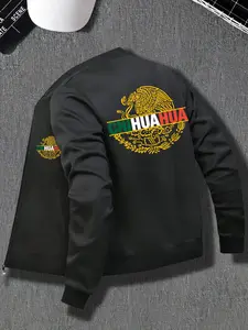 Men's Chihuahua Print Fitted Zipper Jacket, Stand Collar Polyester Coat, Eagle & Cactus Design, Micro Stretch Knit Fabric, Casual Winter Outerwear