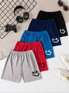 5 Pack Smiley Face Print Kids Shorts, Breathable Printed Shorts, Casual Fun Style, Elastic Waist, Multiple Colors, Suitable for Boys' Daily Sports and Play