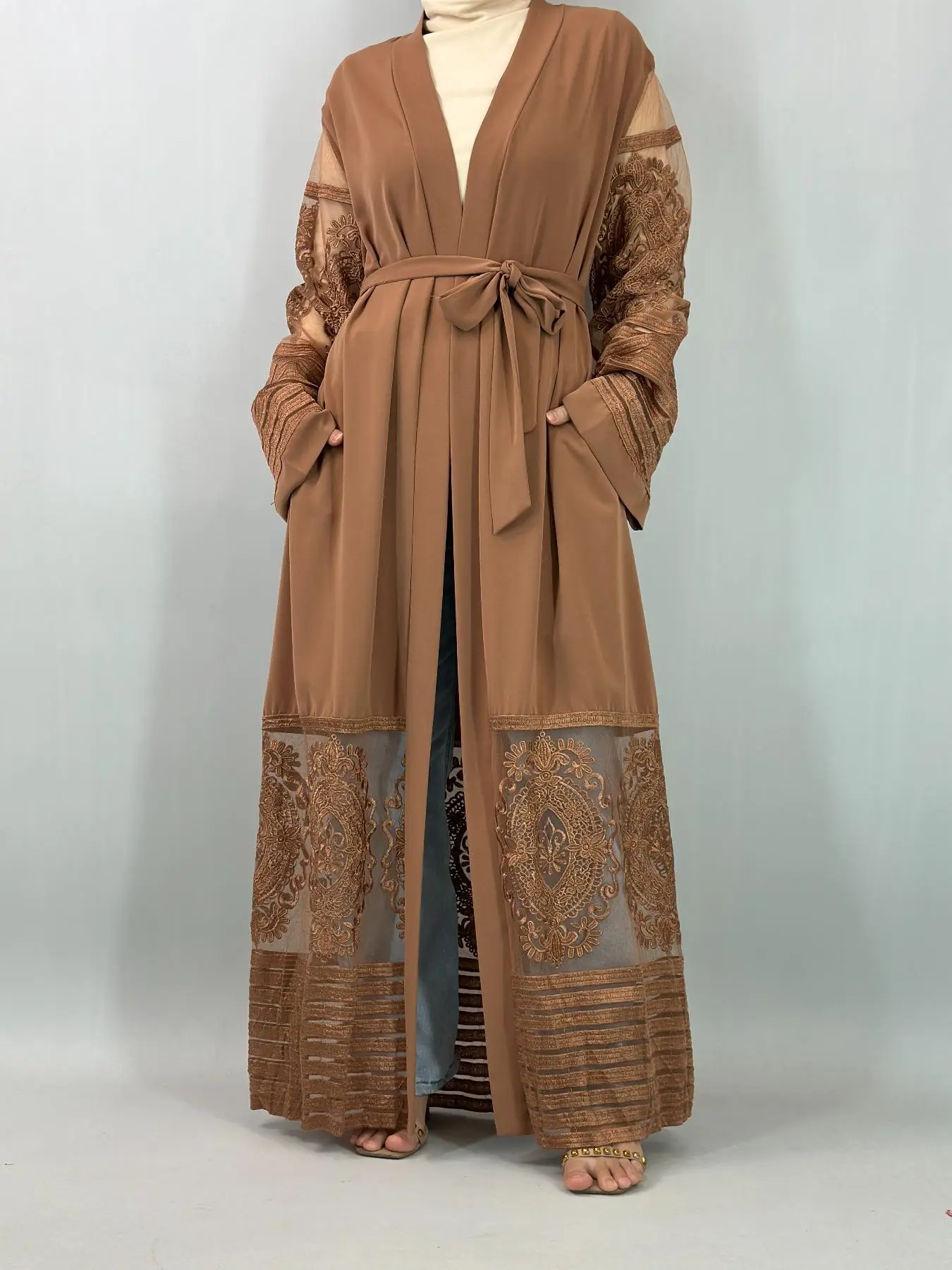 Women's Floral Embroidery Lace Abaya, Modest Casual Long Sleeve Open Front Abaya for Daily Wear, Ladies Islamic Clothing for All Seasons
