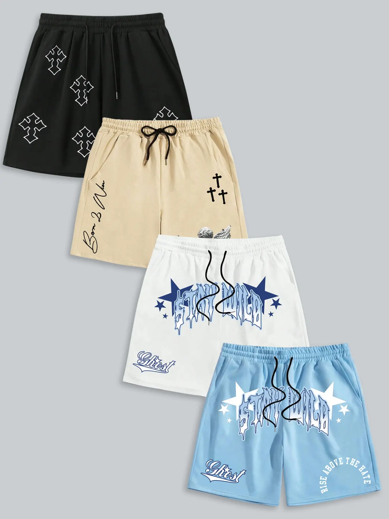 4-Pack Gothic Cross & "Stay Wild" Graphic Fitted Shorts | Streetwear Casual Shorts Set, Graphic Print Shorts