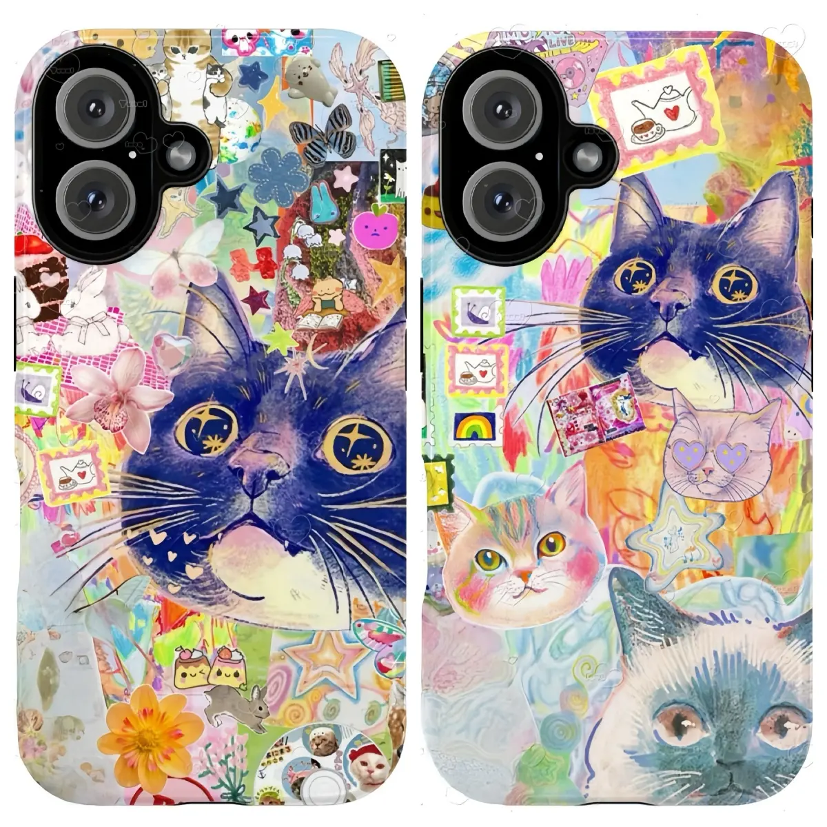 Y2K Aesthetic Cat Collage Case | Vibrant Retro Sticker Scrapbook Art | Colorful Maximalist Pet Lover Gift | for iPhone 17/16/15/14/13/12/11ProMax Plus for Samsung phones, suitable for both men and women, Perfect Gift for Women Men.A gift for the fans.