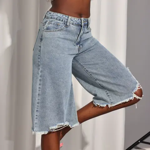 [Plus Size] Women's Y2K Ripped Denim Jorts - Distressed Bermuda Shorts with Raw Hem