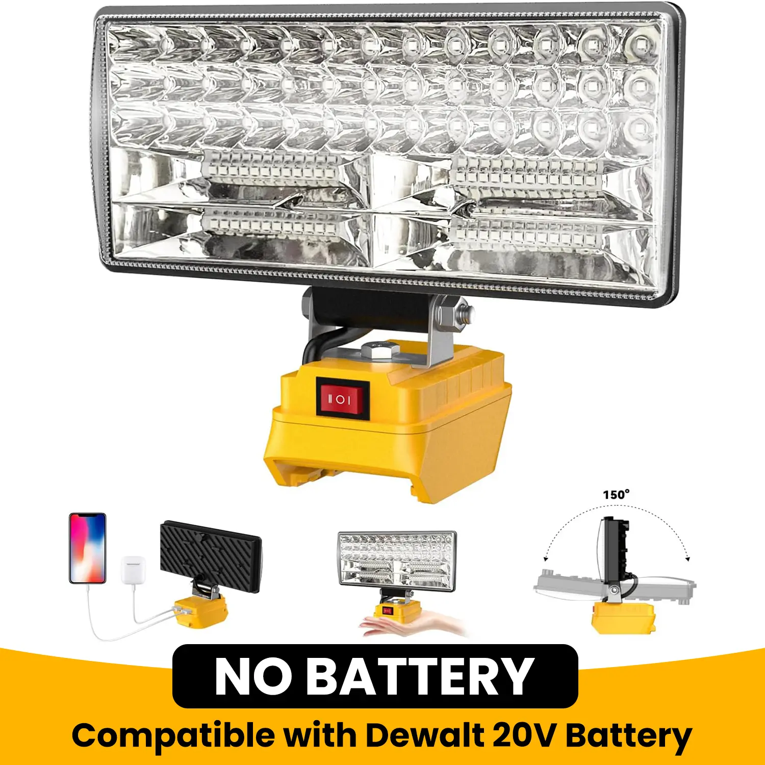 8" Cordless LED Work Light for Dewalt 20V Battery, Two Levels Adjustable Flood Light up to 90W 5400 Lumens with USB Charging Port, Portable LED Flashlight for Work, Camping, Outdoor(No Battery)