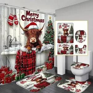 4pcs Scottish Christmas Highland cattle pattern design, Christmas tree and star, exquisite shower curtain set, non-slip floor mat, U-shaped carpet, toilet lid cover, perfect for bathroom decoration, partition, beautify the space, 12 shower curtain hooks a