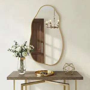 Irregular Wall Mirror 30"x16.5", Small Asymmetrical Mirror for Powder Room, Matte Gold Rust Proof Aluminum, Tempered Glass Wavy Mirror for Bedroom Makeup, Hallway & Aesthetic Room Decor
